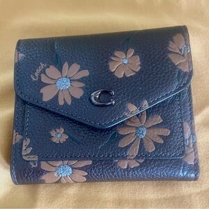 Coach Leather Floral Compact Wallet with Brown Flowers